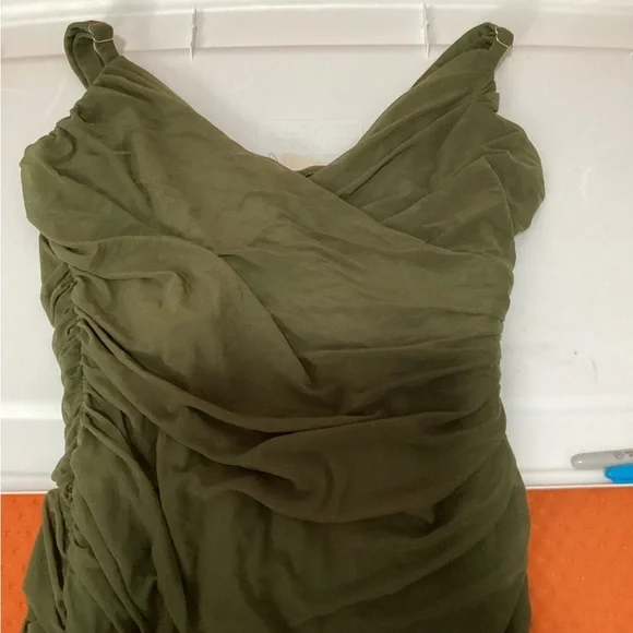 Elegant Sleeveless Ruffle Cocktail Chiffon Olive Mini Dress NWT Size XL - Picture 3 of 5